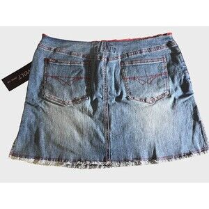 REVOLT Vtg Denim Mini Skirt Western Red Embroidered Accents Raw Hem Size 13/14